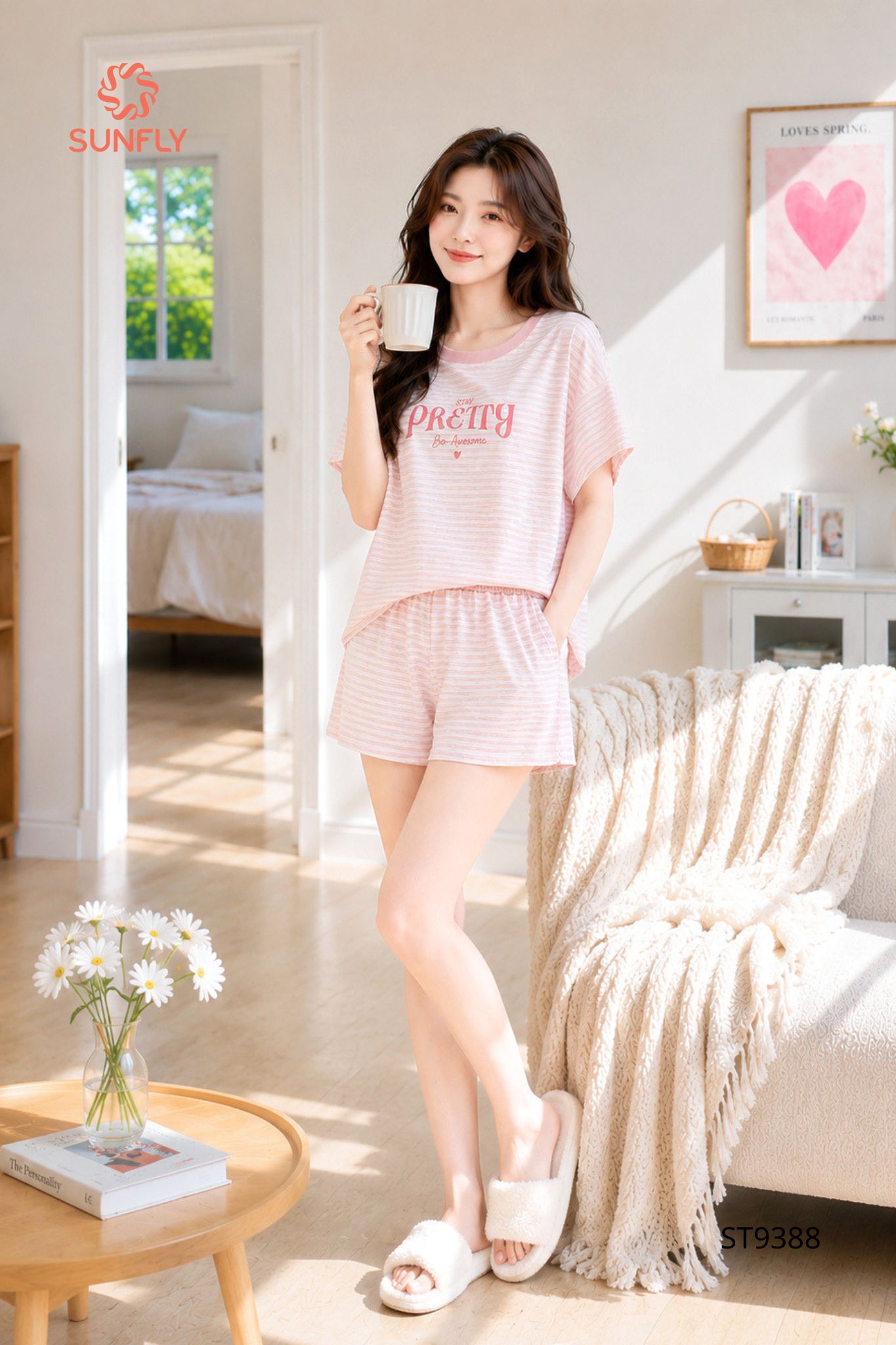 Đồ bộ mặc nhà nữ cotton áo cộc quần sooc ST9388 M kẻ hồng thạch anh