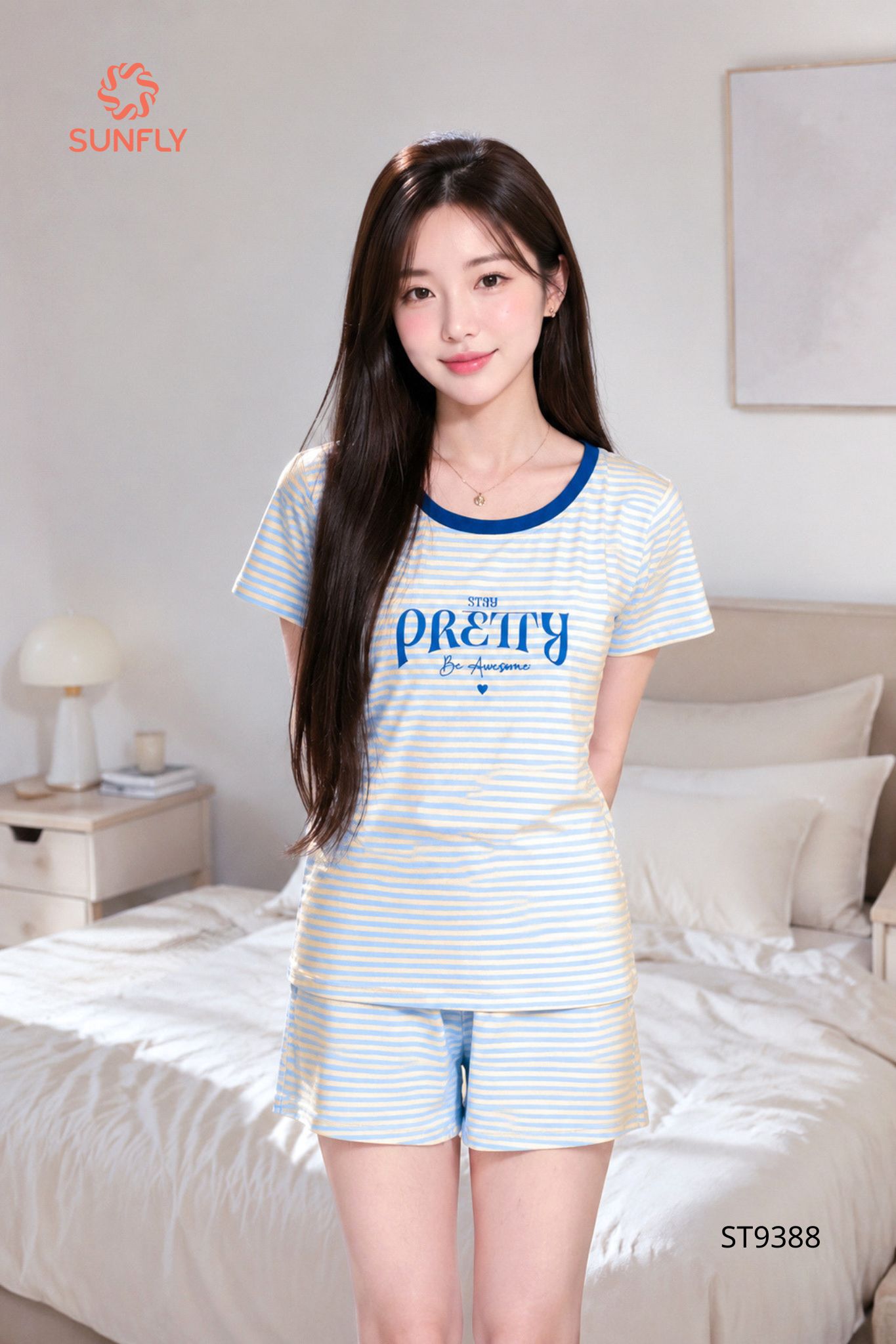 Đồ bộ mặc nhà nữ cotton áo cộc quần sooc ST9388 M kẻ xanh biển