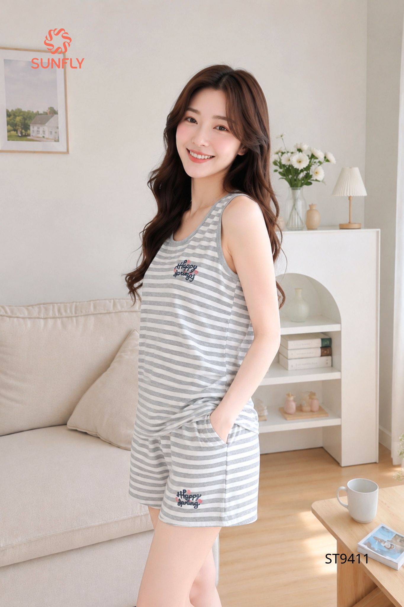 Đồ bộ mặc nhà nữ cotton áo sát nách quần sooc ST9411 L kẻ xám