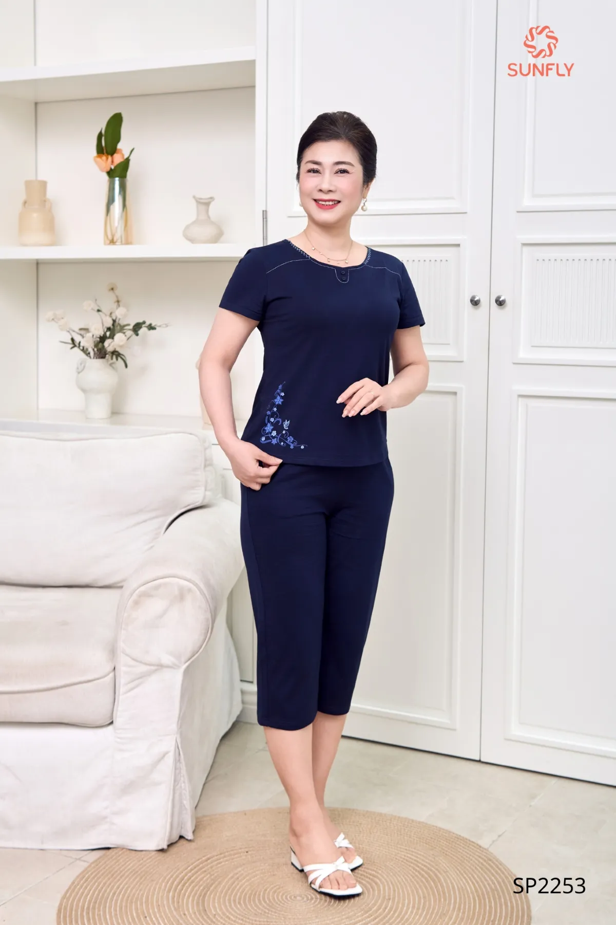 Đồ bộ mặc nhà nữ cotton compact áo cộc quần ngố SP2253 L xanh tím than