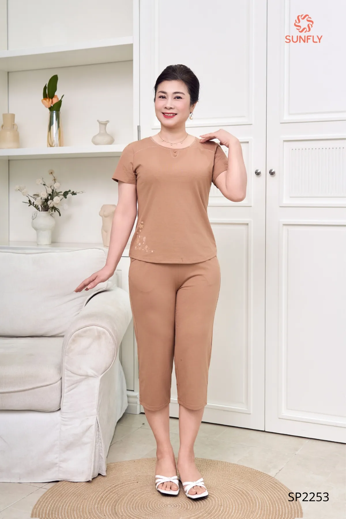 Đồ bộ mặc nhà nữ cotton compact áo cộc quần ngố SP2253 XL nâu cacao