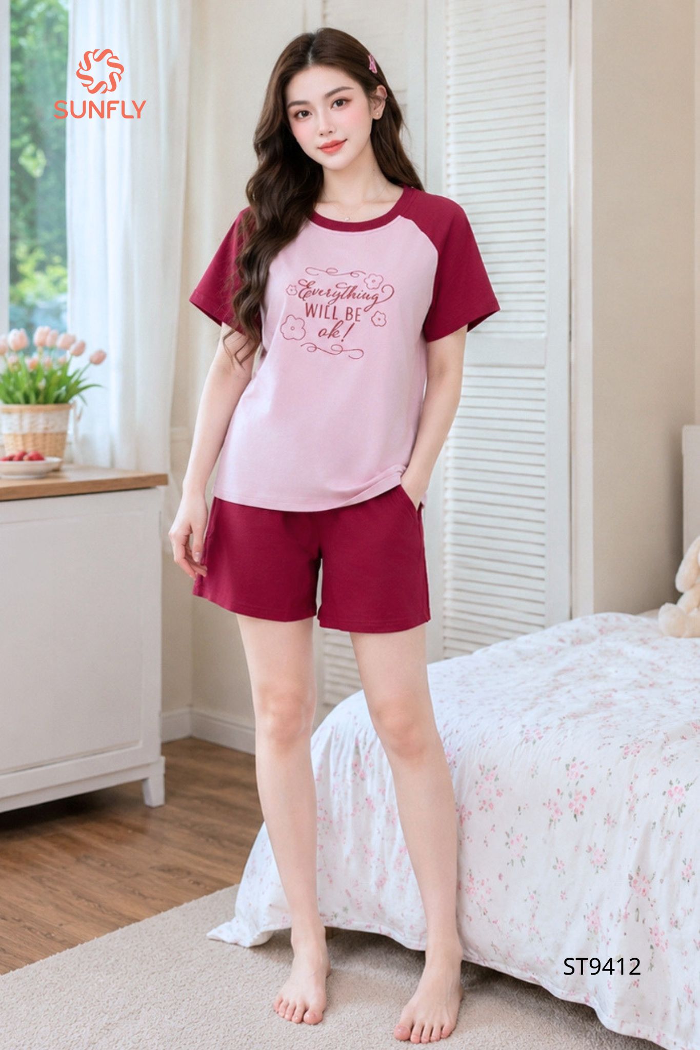 Đồ bộ mặc nhà nữ cotton compact áo cộc quần sooc ST9412 M hồng mận nhạt - đỏ rumba