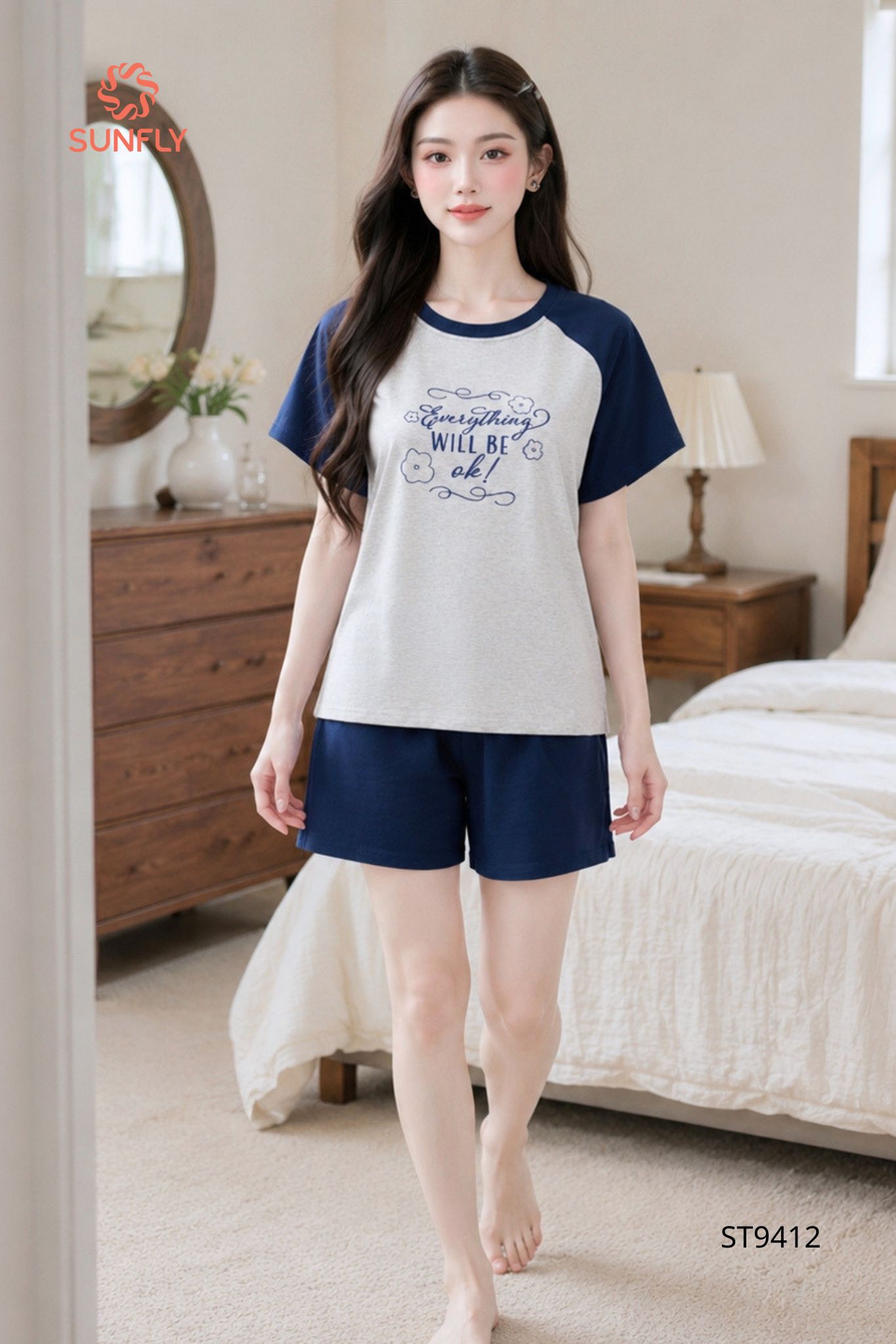 Đồ bộ mặc nhà nữ cotton compact áo cộc quần sooc ST9412 M xám tiêu - tím than