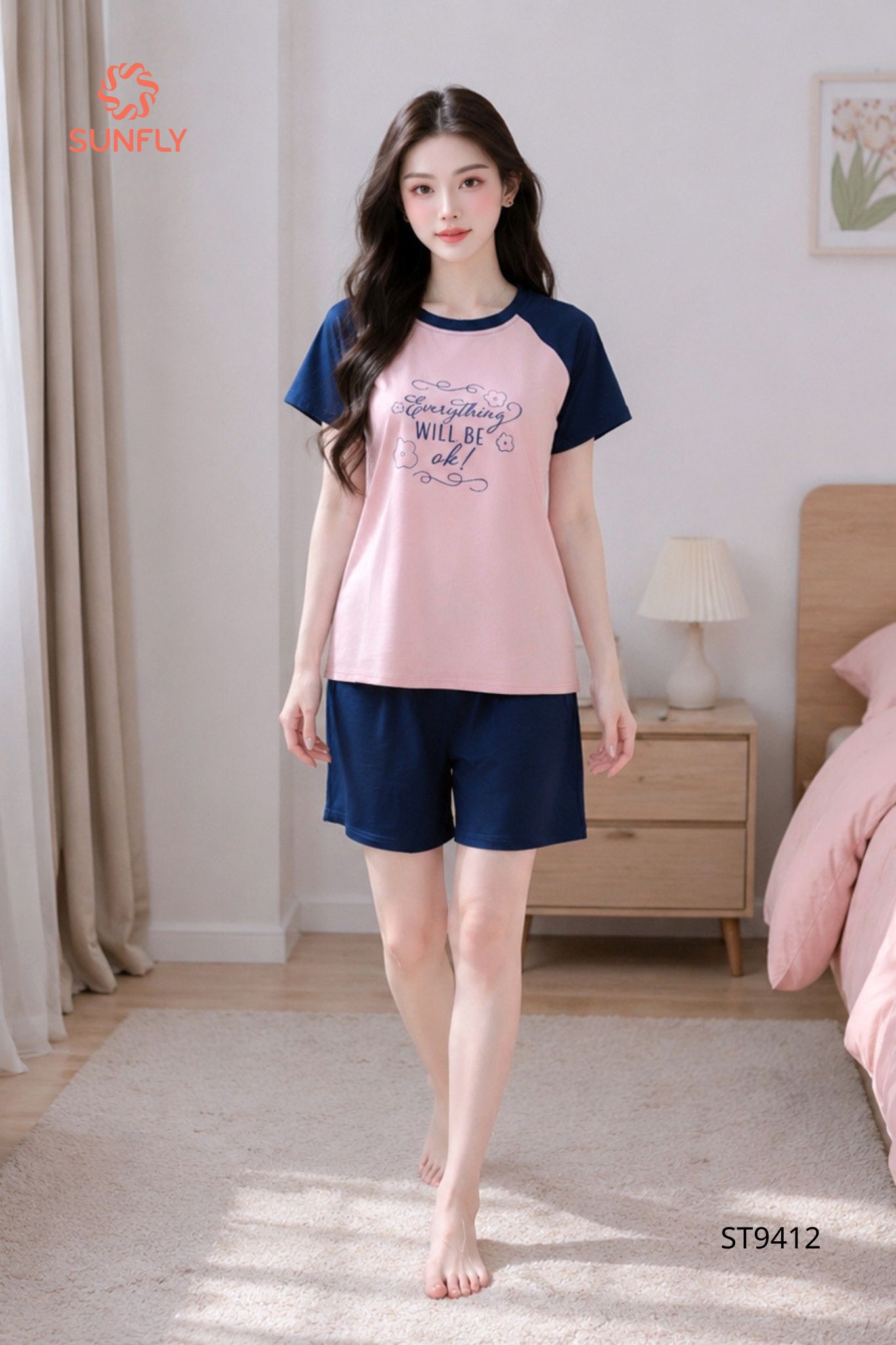 Đồ bộ mặc nhà nữ cotton compact áo cộc quần sooc ST9412 XL hồng mận nhạt - tím than