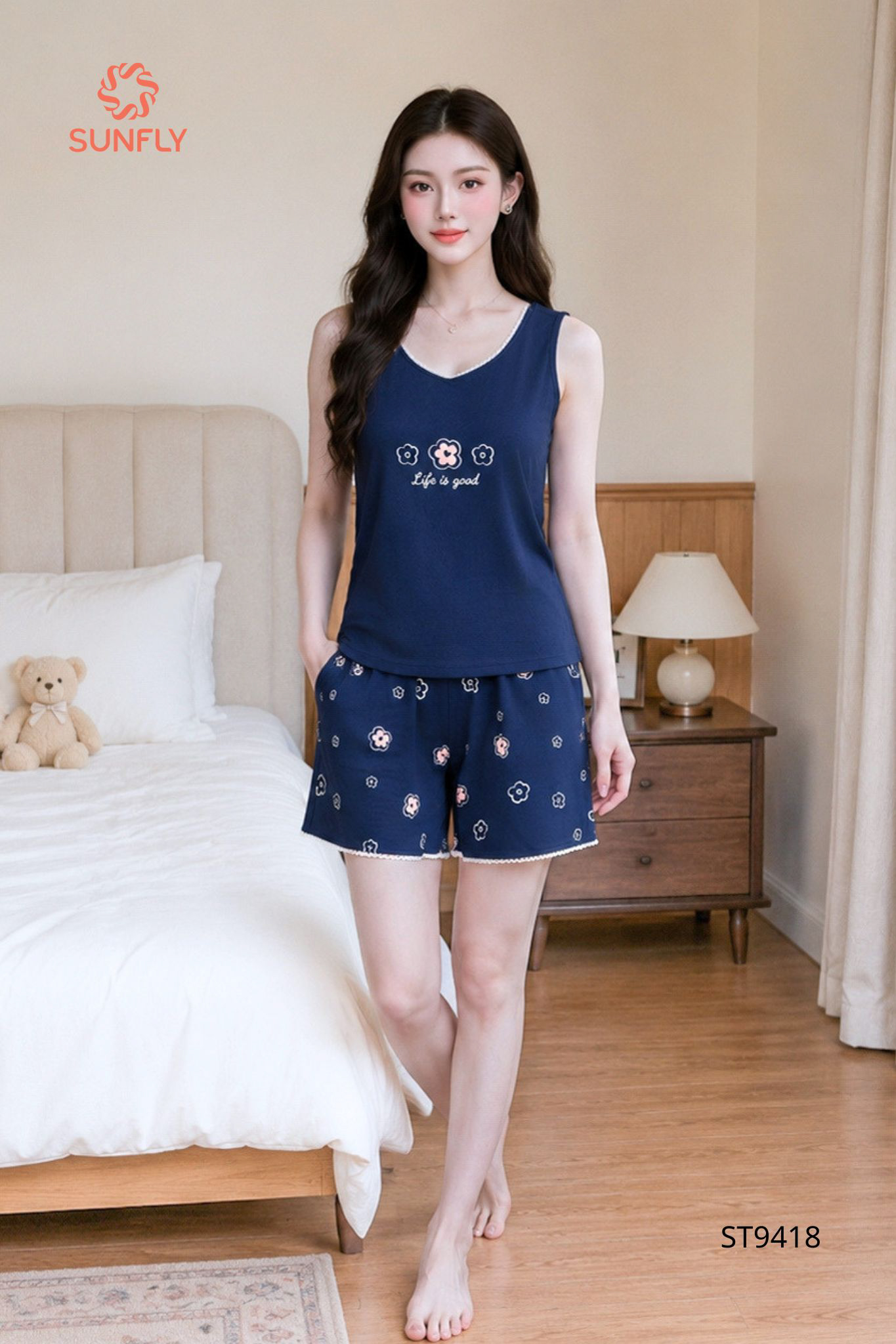 Đồ bộ mặc nhà nữ cotton compact áo sát nách quần sooc ST9418