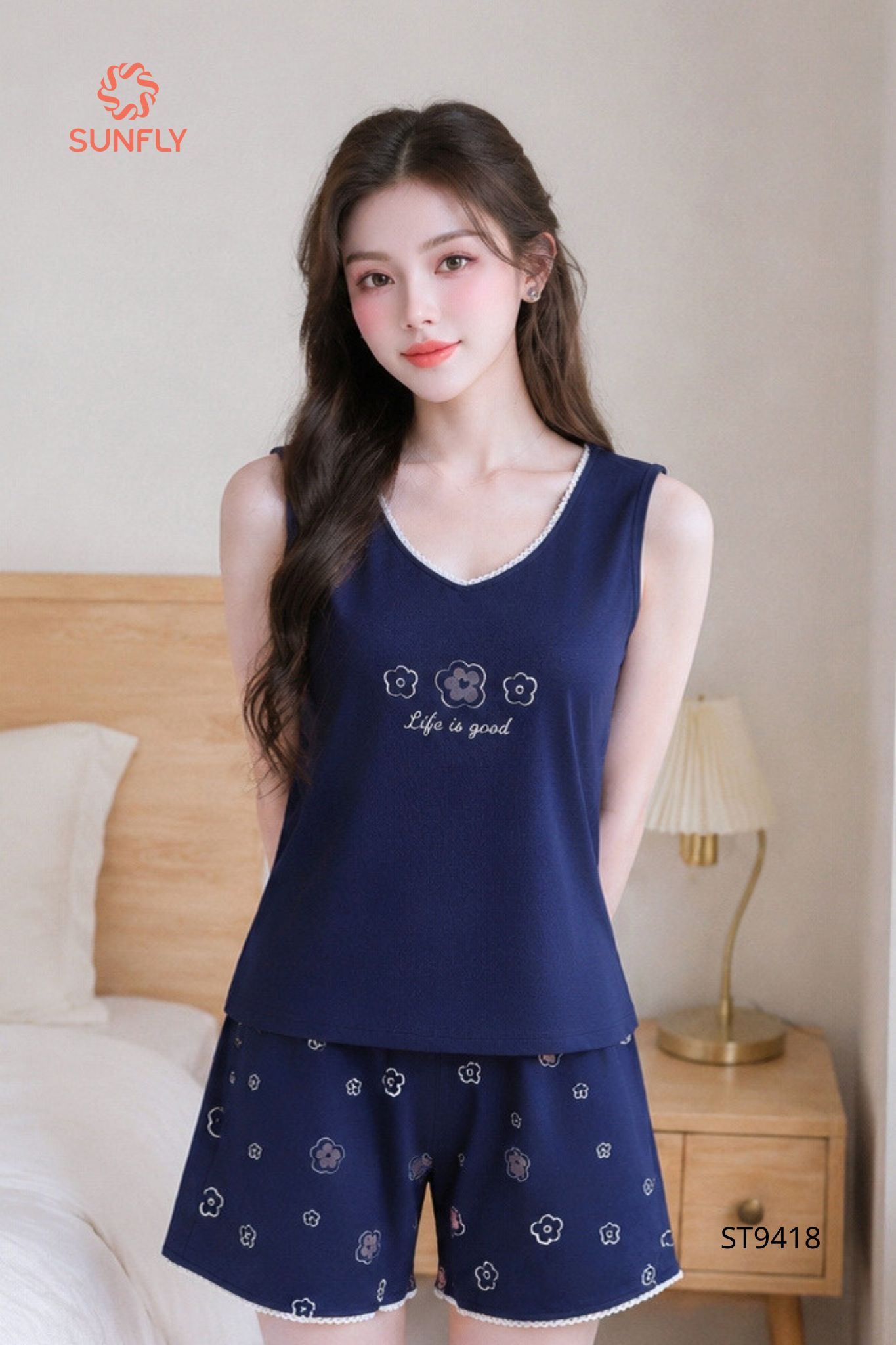 Đồ bộ mặc nhà nữ cotton compact áo sát nách quần sooc ST9418 XL xanh tím than