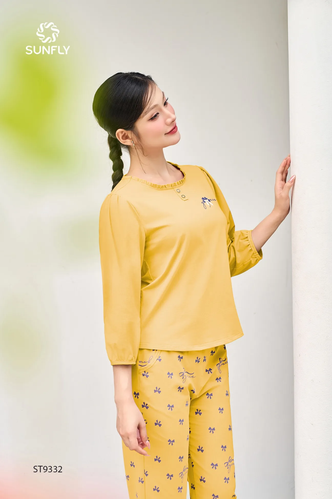 Đồ bộ mặc nhà nữ cotton compact áo tay lỡ quần dài ST9332 M vàng lá thu