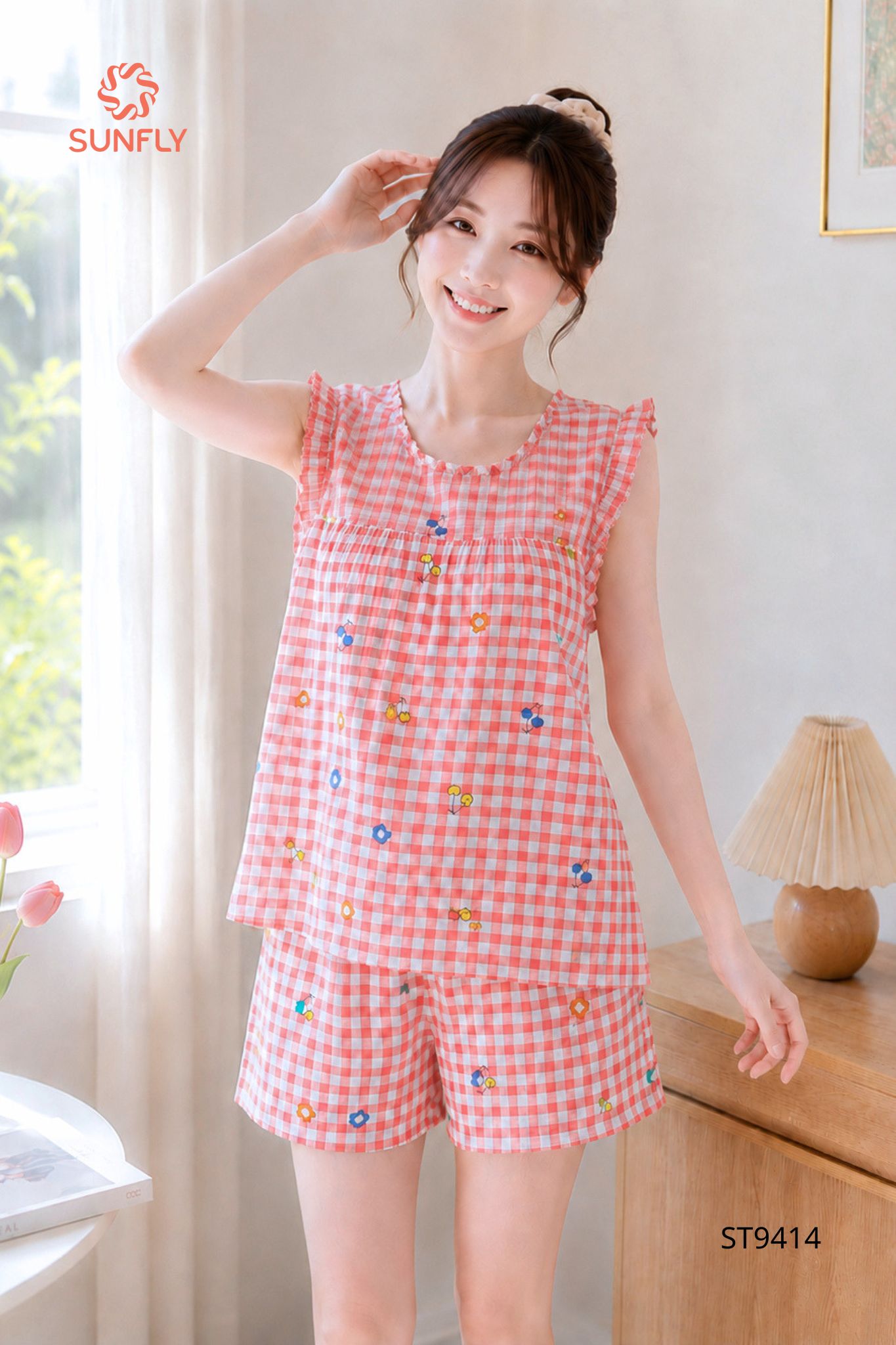 Đồ bộ mặc nhà nữ lanh áo sát nách quần sooc ST9414 M kẻ cherry đỏ cam