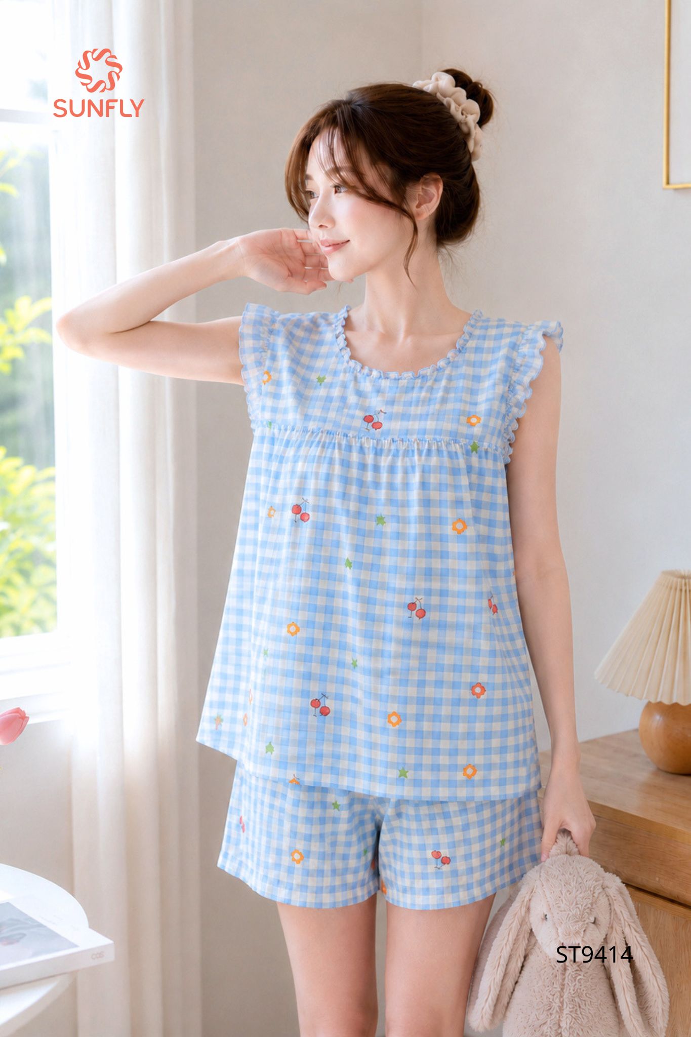 Đồ bộ mặc nhà nữ lanh áo sát nách quần sooc ST9414 M kẻ cherry xanh