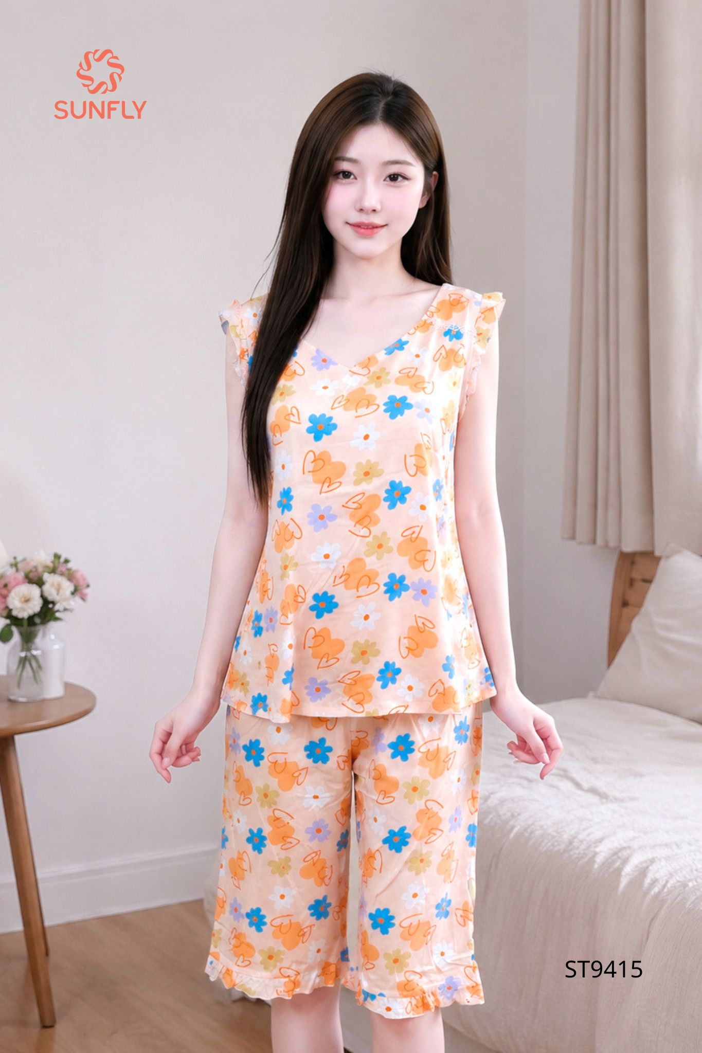 Đồ bộ mặc nhà nữ lanh áo sát nách quần trên gối ST9415 L trái tim cam