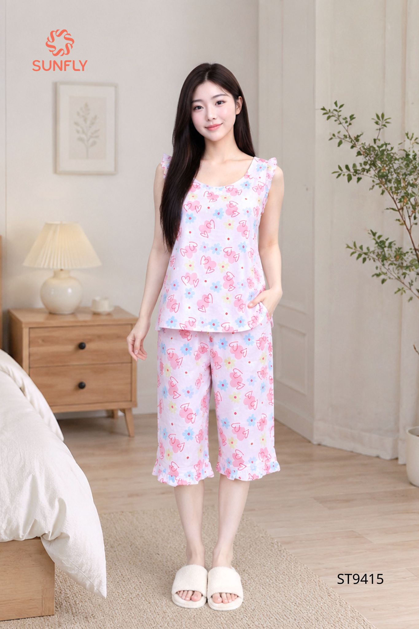 Đồ bộ mặc nhà nữ lanh áo sát nách quần trên gối ST9415 M trái tim hồng