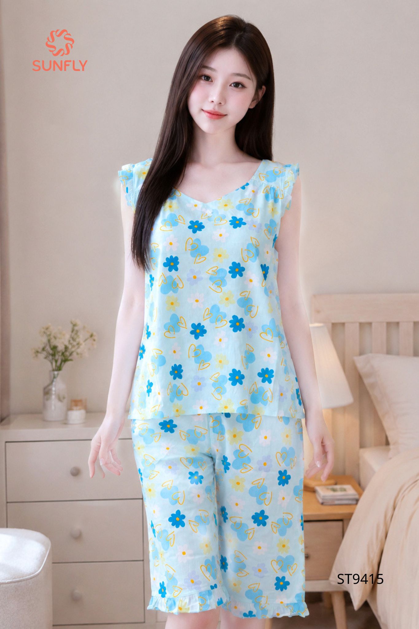 Đồ bộ mặc nhà nữ lanh áo sát nách quần trên gối ST9415 M trái tim xanh