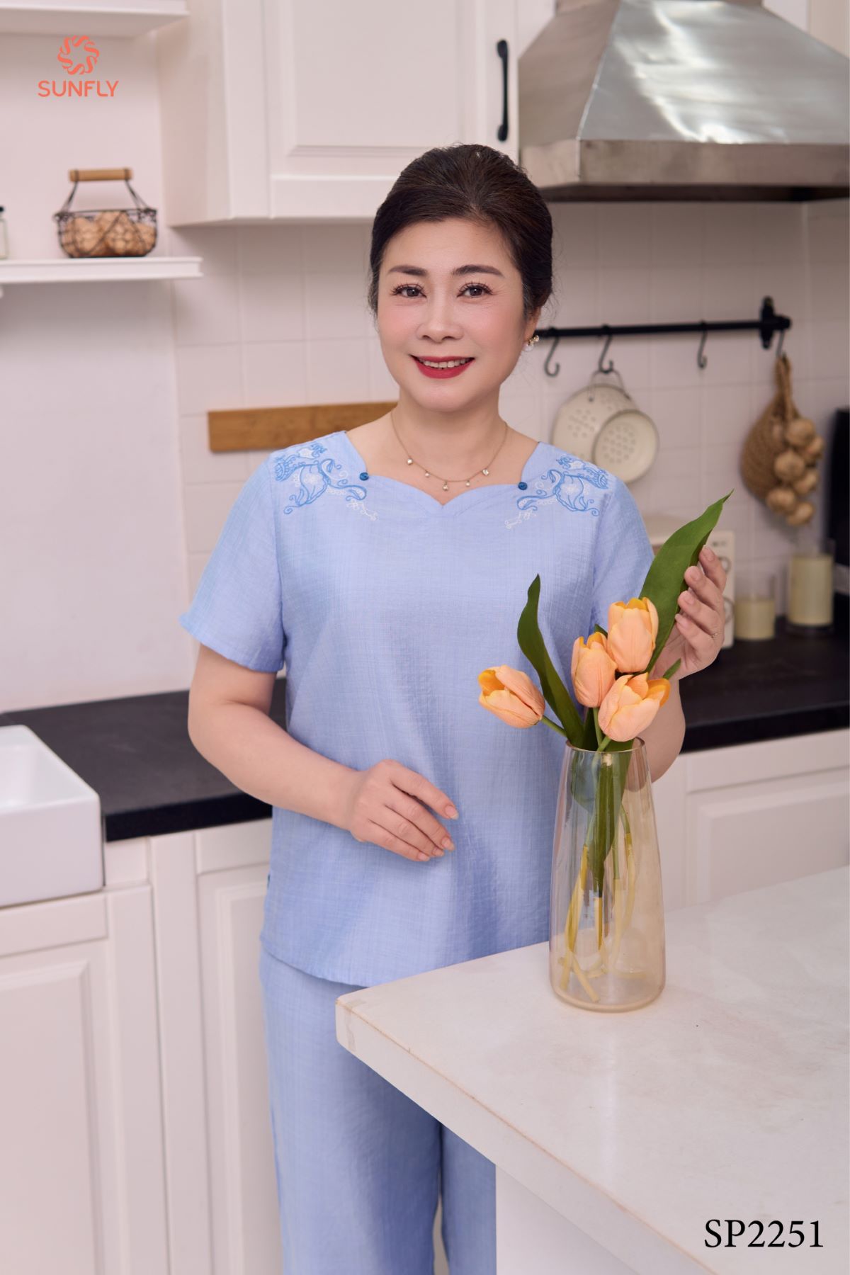 Đồ bộ mặc nhà nữ linen áo cộc quần dài SP2251 L xanh dương