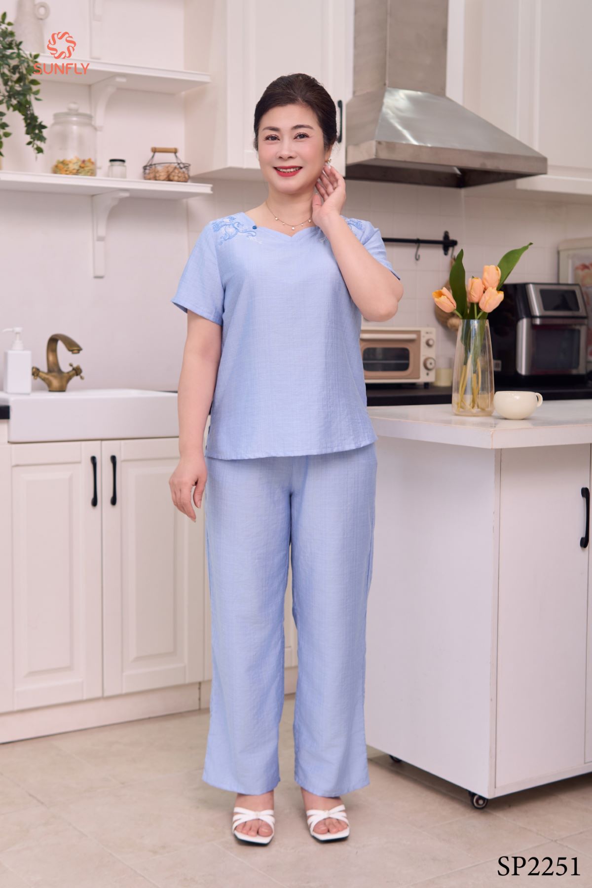 Đồ bộ mặc nhà nữ linen áo cộc quần dài SP2251 XL xanh dương