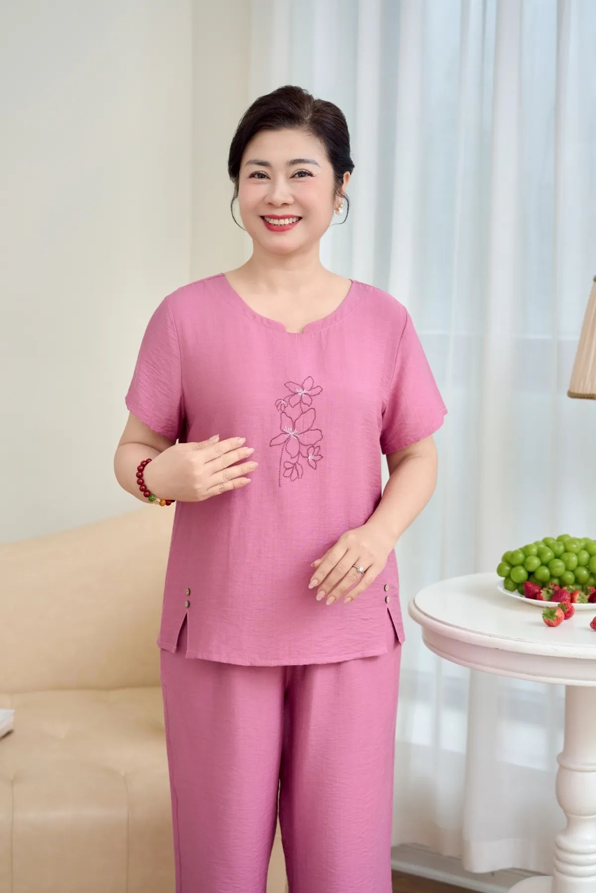 Đồ bộ mặc nhà nữ linen áo cộc quần ngố SP2256 L tím nhạt