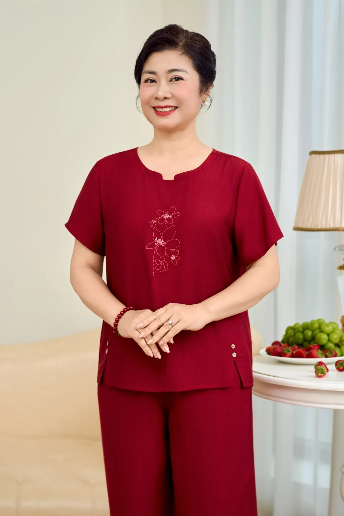 Đồ bộ mặc nhà nữ linen áo cộc quần ngố SP2256 XL đỏ đậm