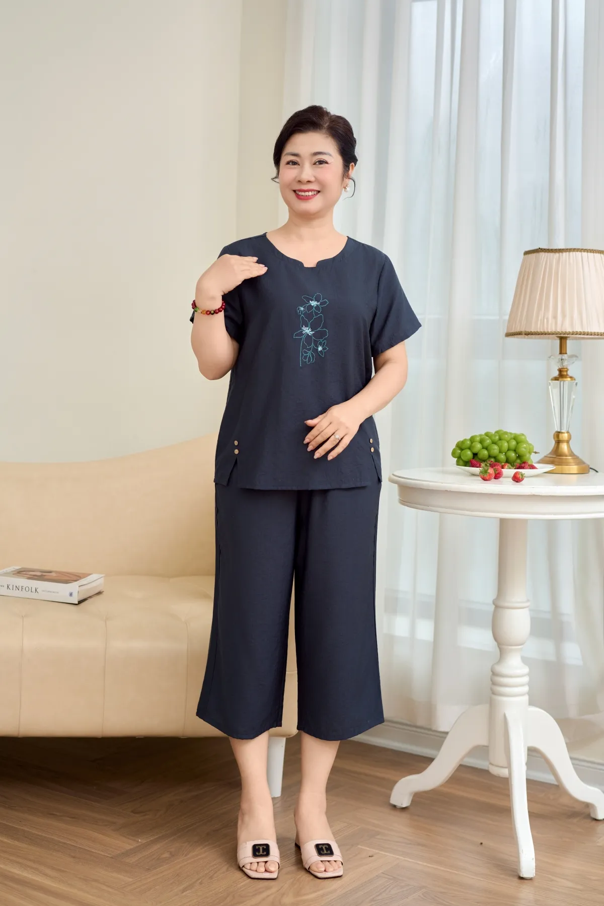 Đồ bộ mặc nhà nữ linen áo cộc quần ngố SP2256 XXL xanh rừng sâu