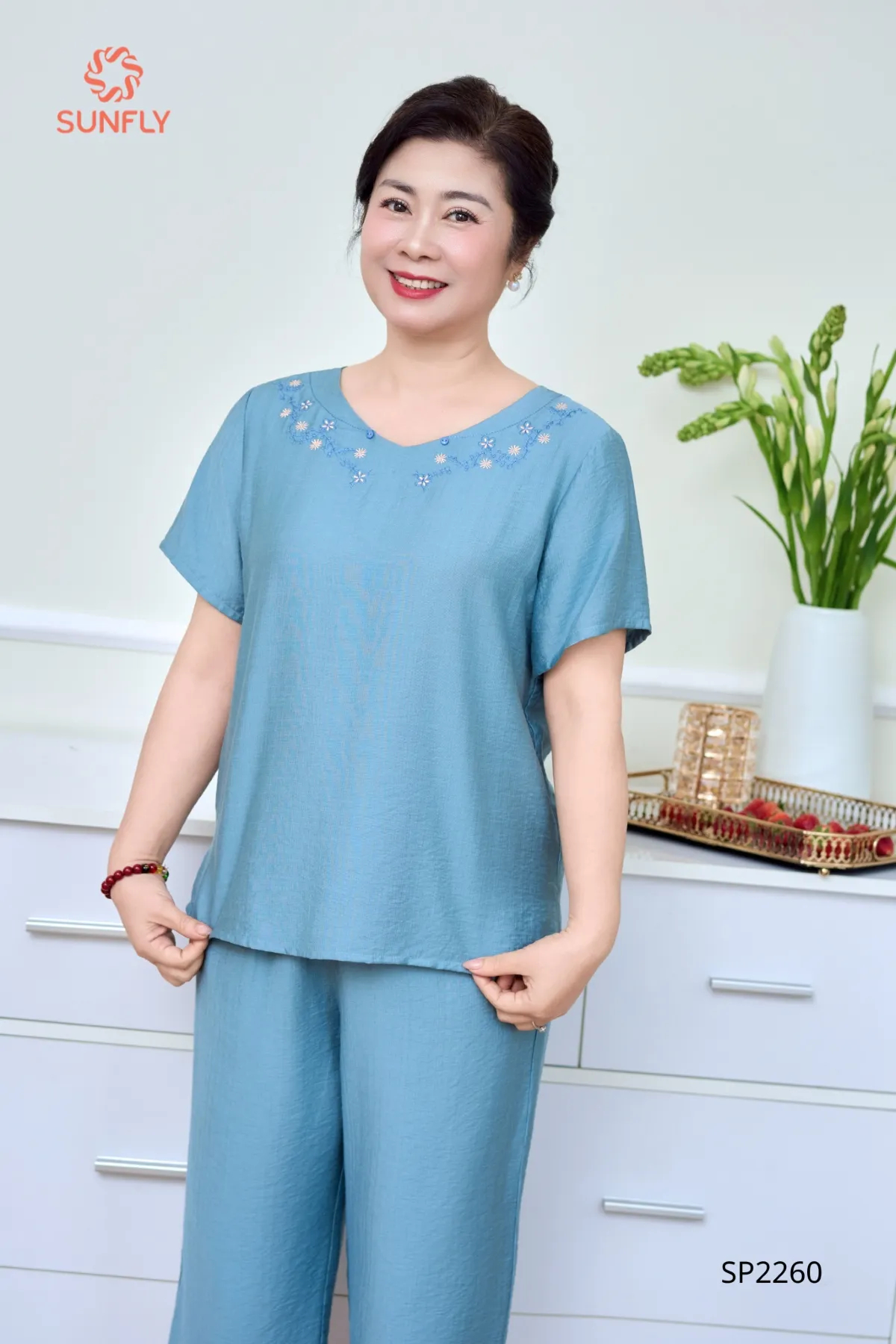 Đồ bộ mặc nhà nữ linen áo cộc quần ngố SP2260 XL xanh lam nhạt