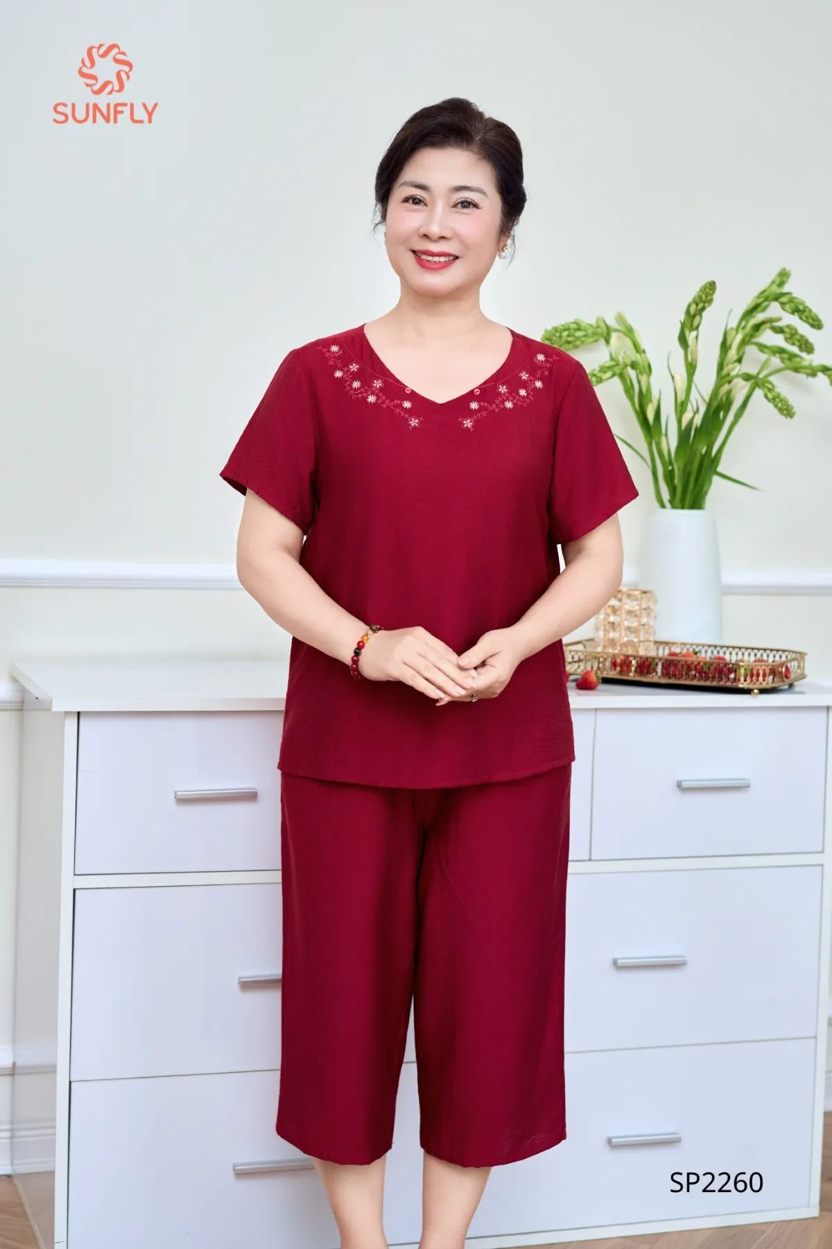 Đồ bộ mặc nhà nữ linen áo cộc quần ngố SP2260 XXL đỏ đậm