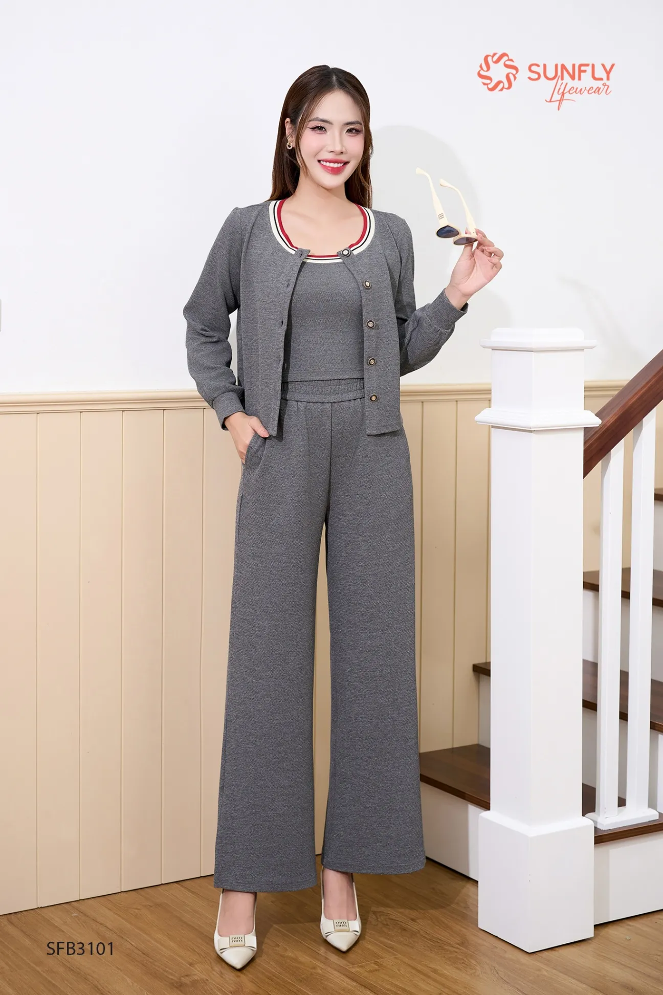 Set 3 interlock hình trám, áo dây - áo khoác - quần suông dài SFB3101