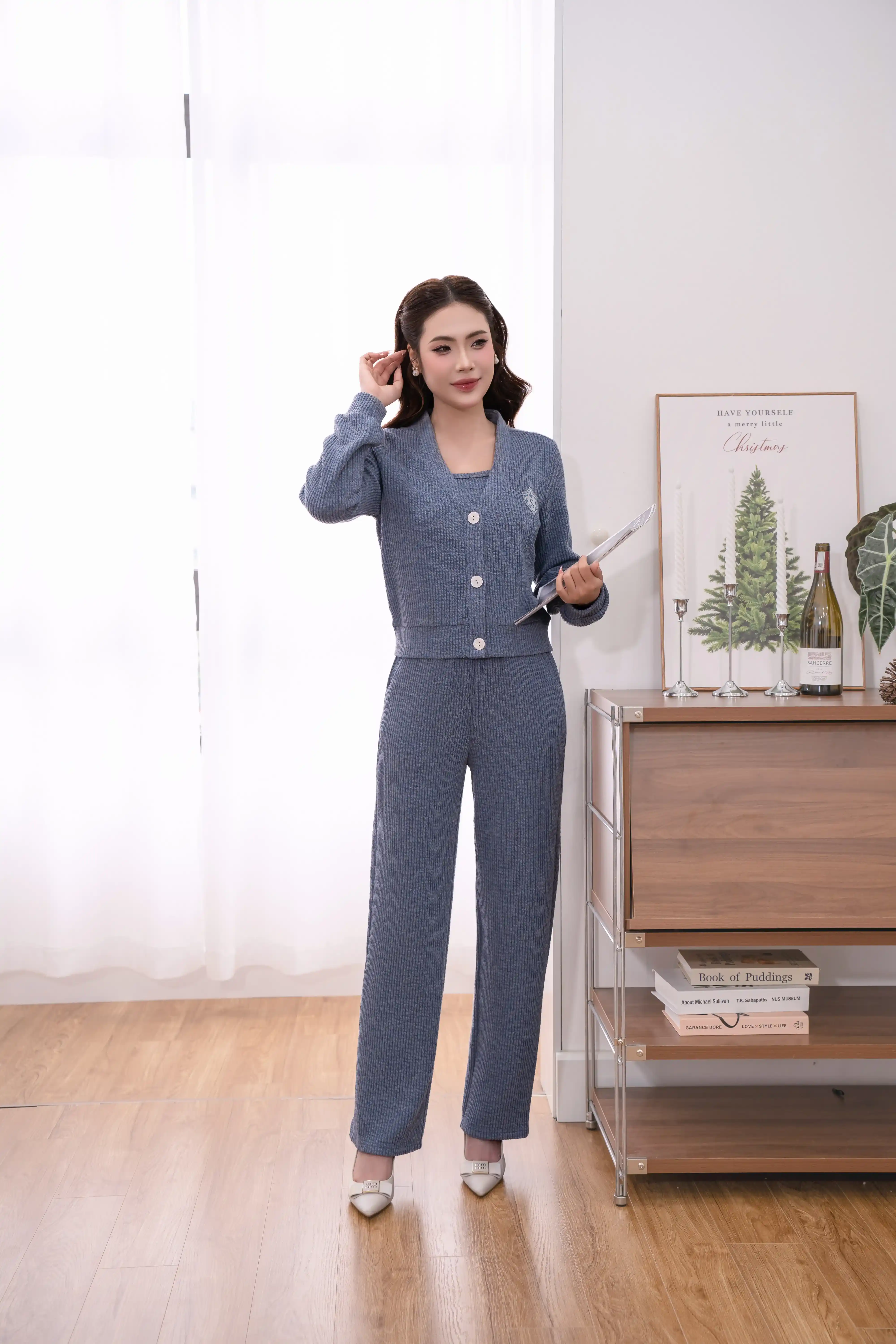 Set 3 len áo dây - áo khoác - quần suông dài SFB3113 M xám melange