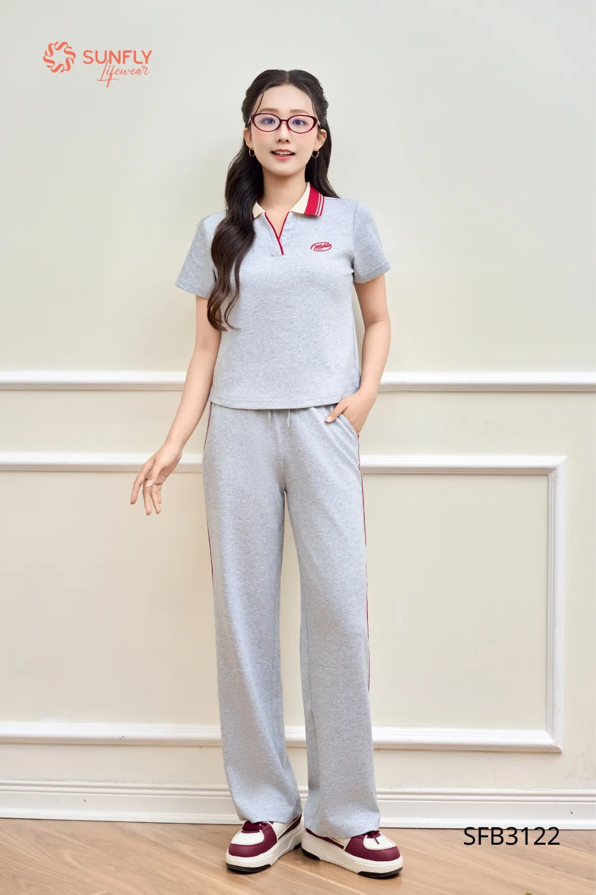 Set đồ nữ poly cotton 2da áo cộc tay cổ zip quần suông dài SFB3122