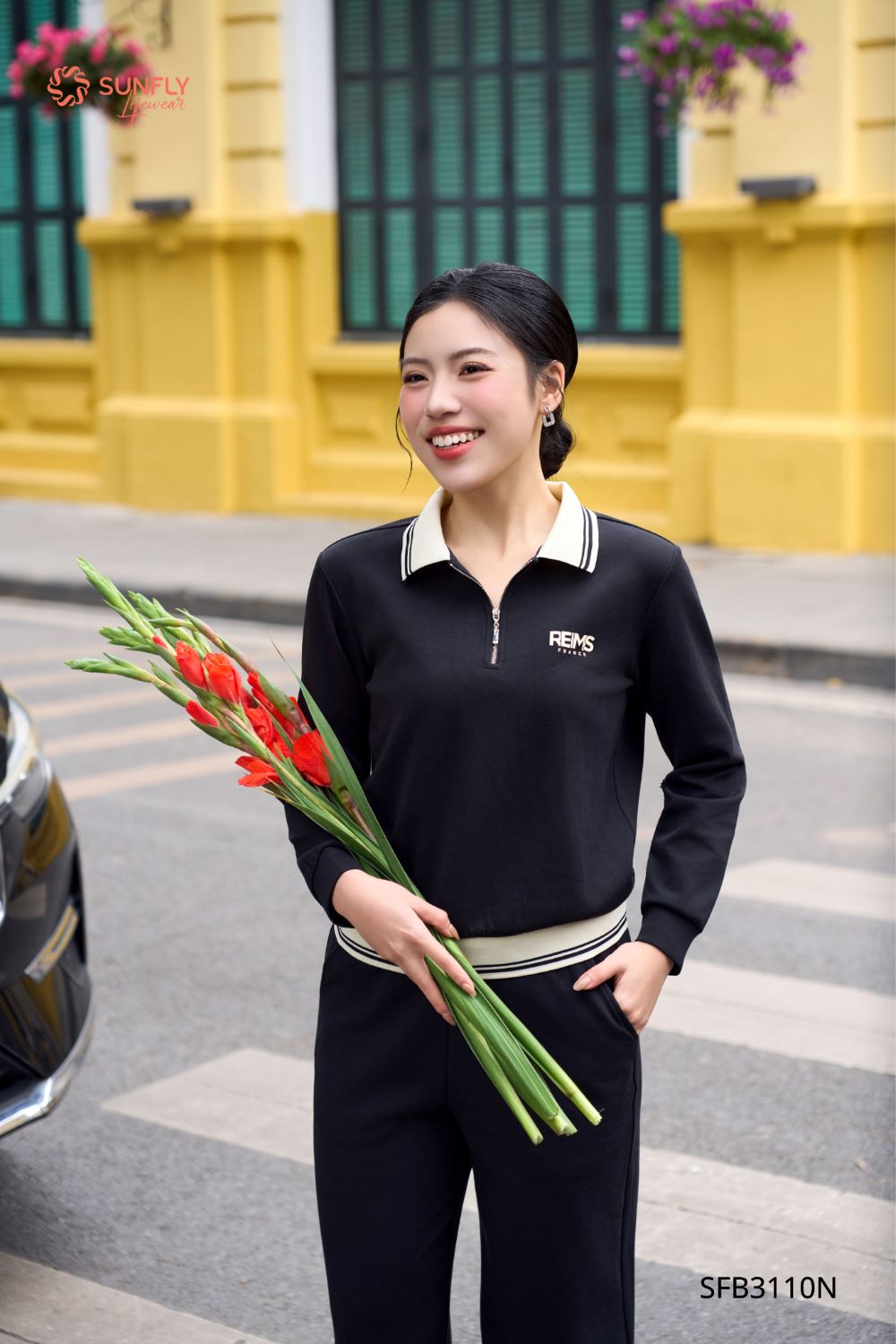 Set đồ nữ poly cotton 2da áo dài tay cổ bẻ khóa lửng quần suông dài SFB3110N M đen