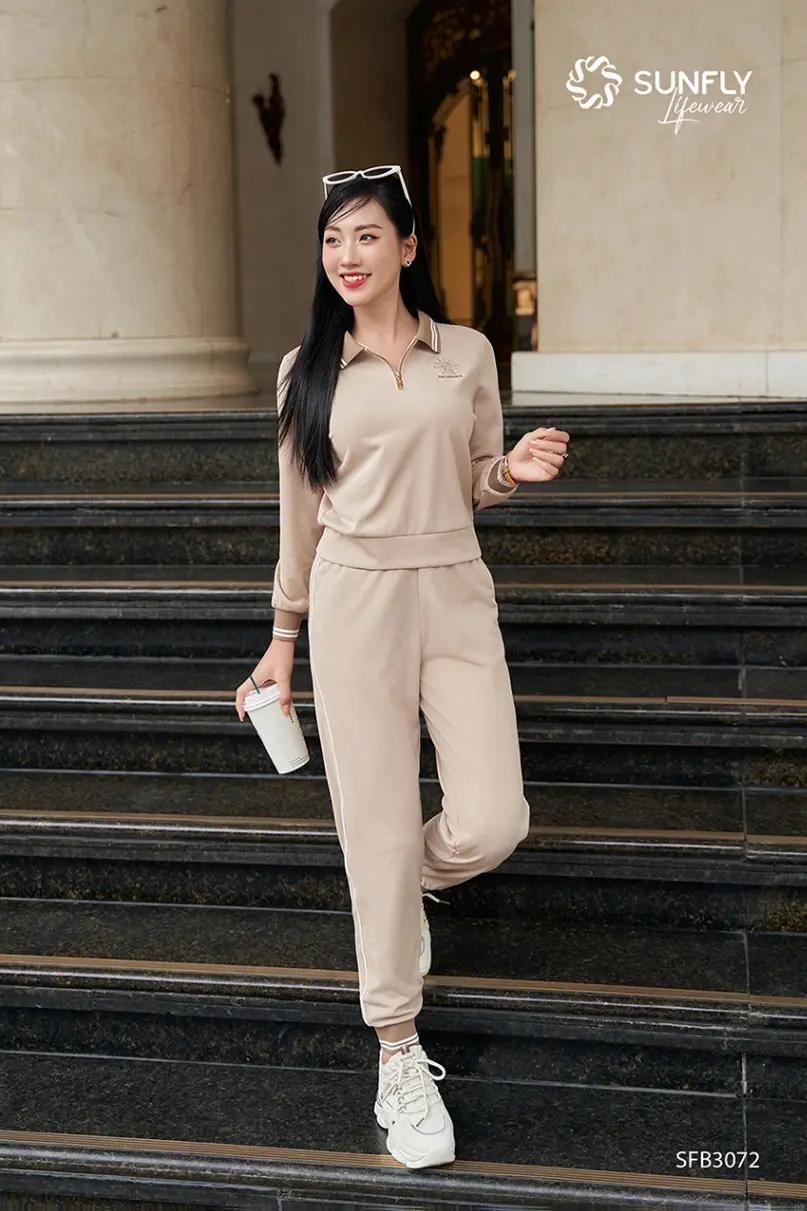 Set đồ nữ poly gân áo dài kéo khóa lửng cổ zip quần dài bo gấu SFB3072