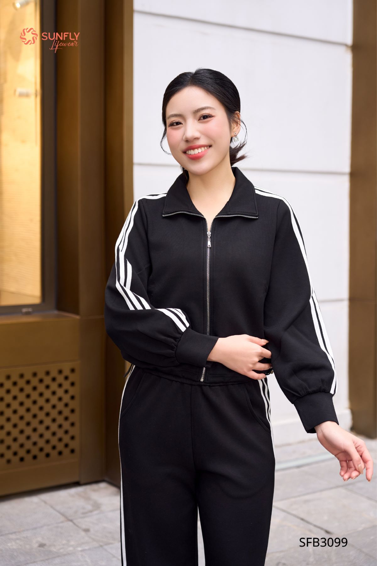 Set đồ nữ ponte áo dài kéo khóa không mũ quần suông dài SFB3099 M đen