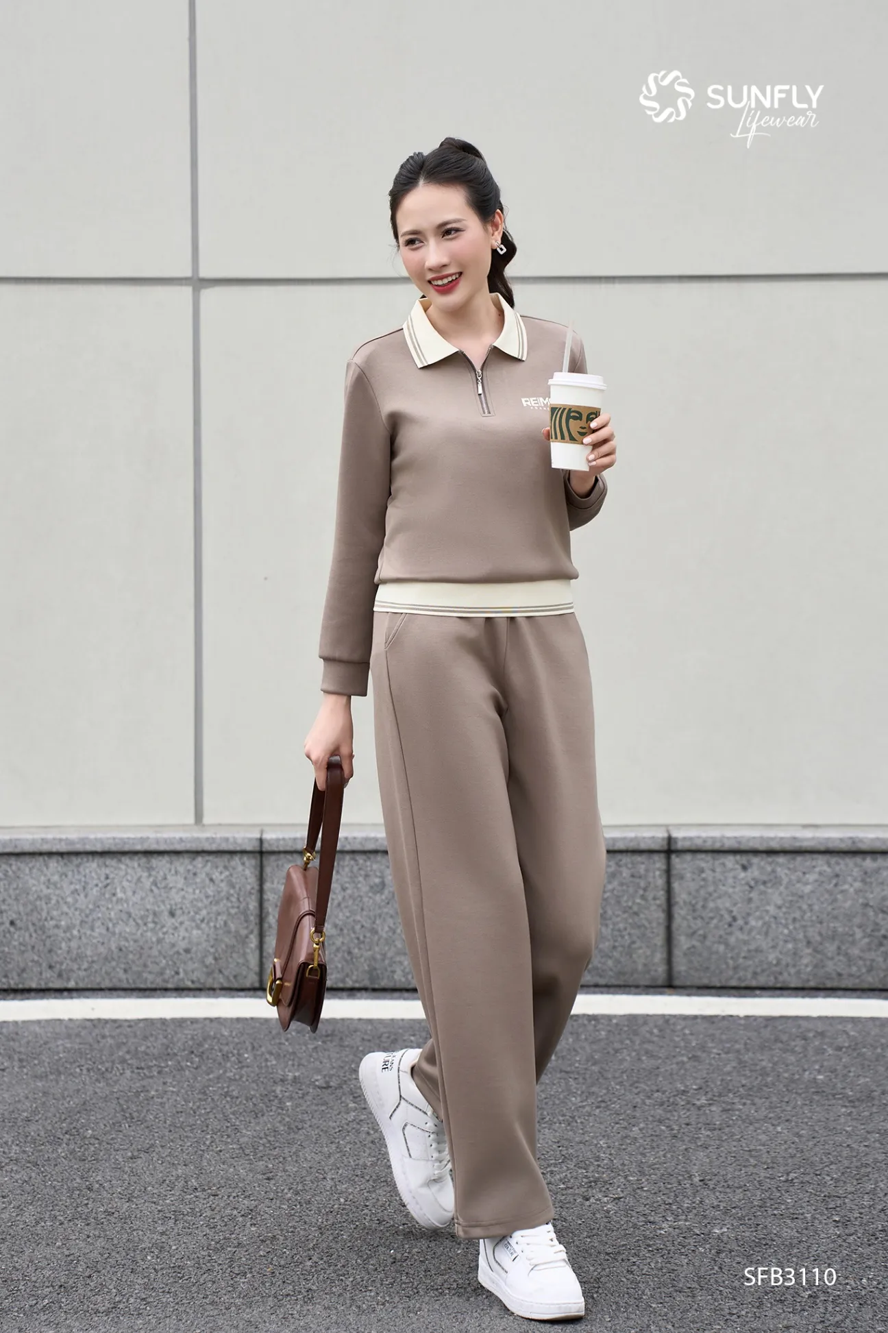 Set đồ nữ ponte áo dài tay cổ bẻ khóa lửng quần suông dài SFB3110