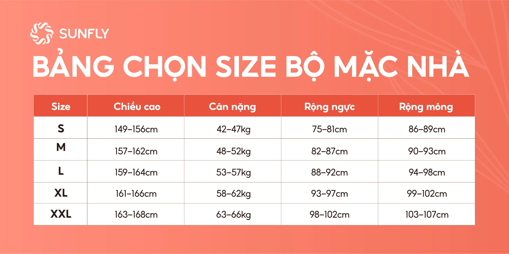 bảng chọn size bộ mặc nhà