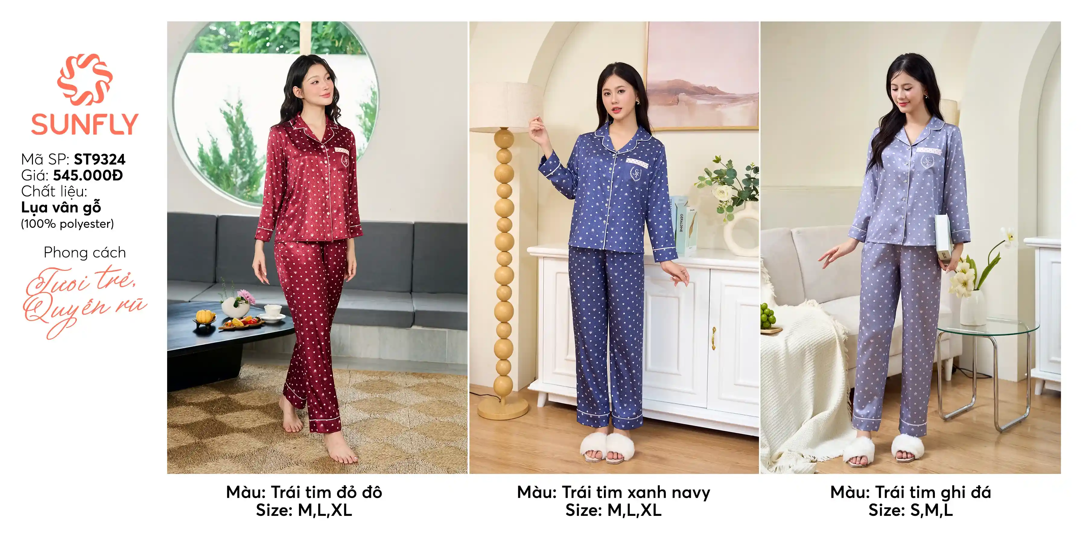 Bộ pijama nữ lụa gấm vân gỗ áo tay lỡ quần dài ST9324