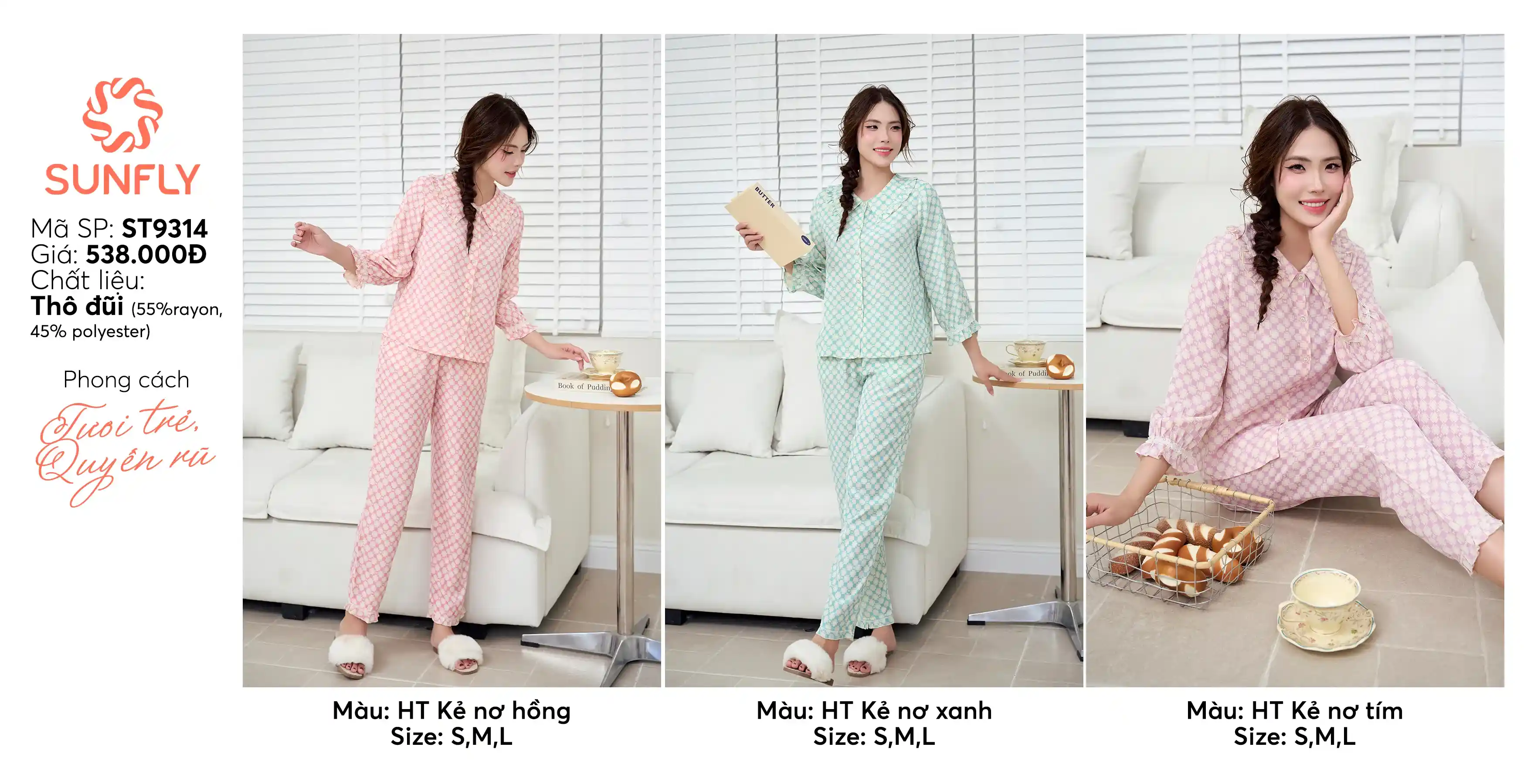 Bộ pijama nữ thô đũi áo tay lỡ quần dài ST9314