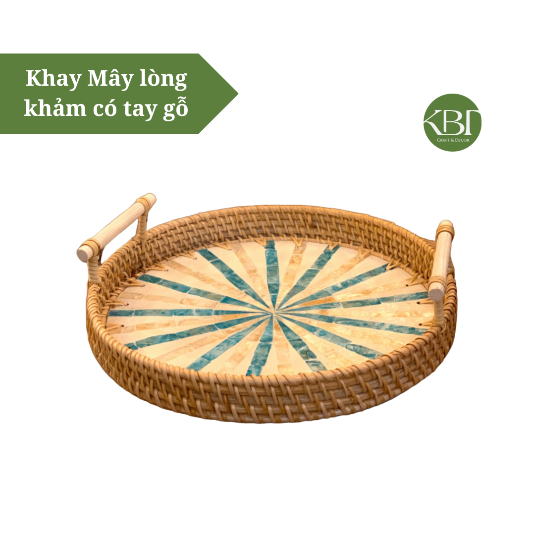 Khay Mây lòng khảm có tay gỗ