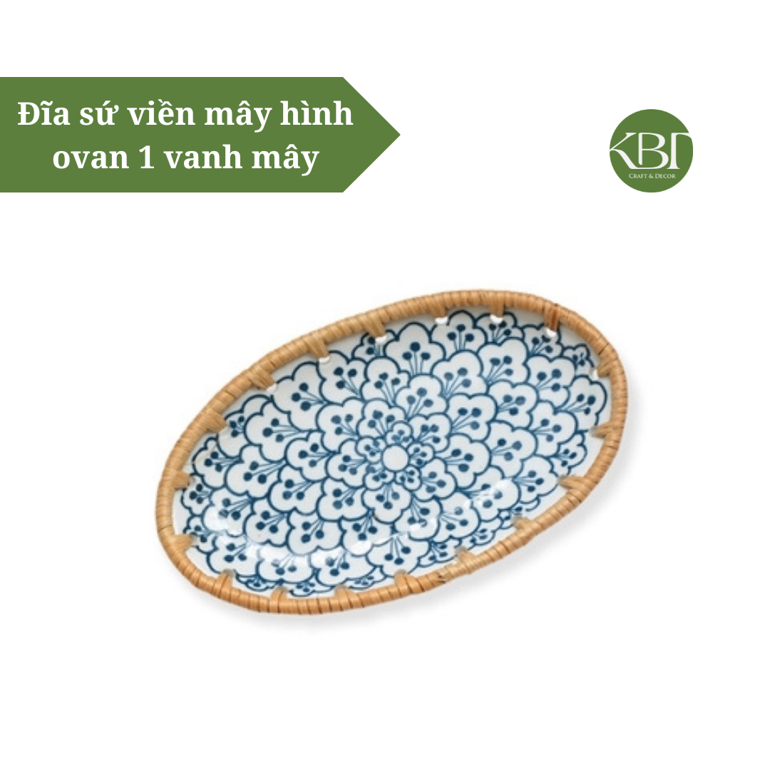 Đĩa sứ viền mây hình ovan 1 vanh mây