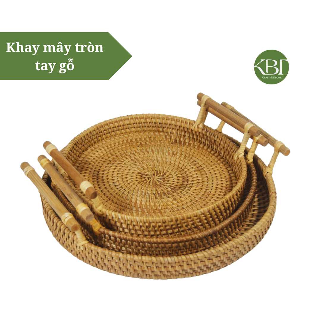 Khay mây tròn tay gỗ