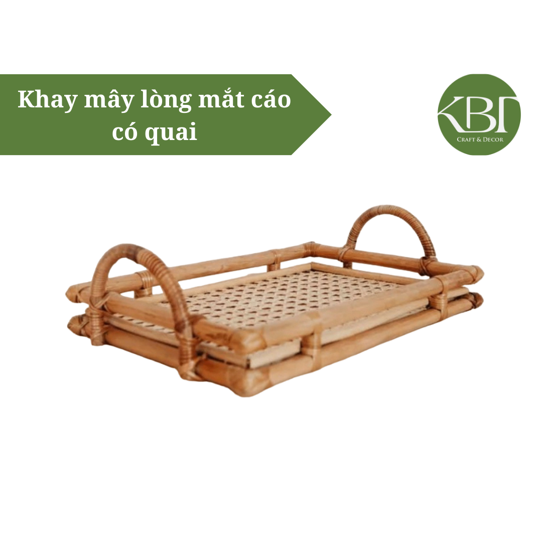 Khay mây lòng mắt cáo có quai