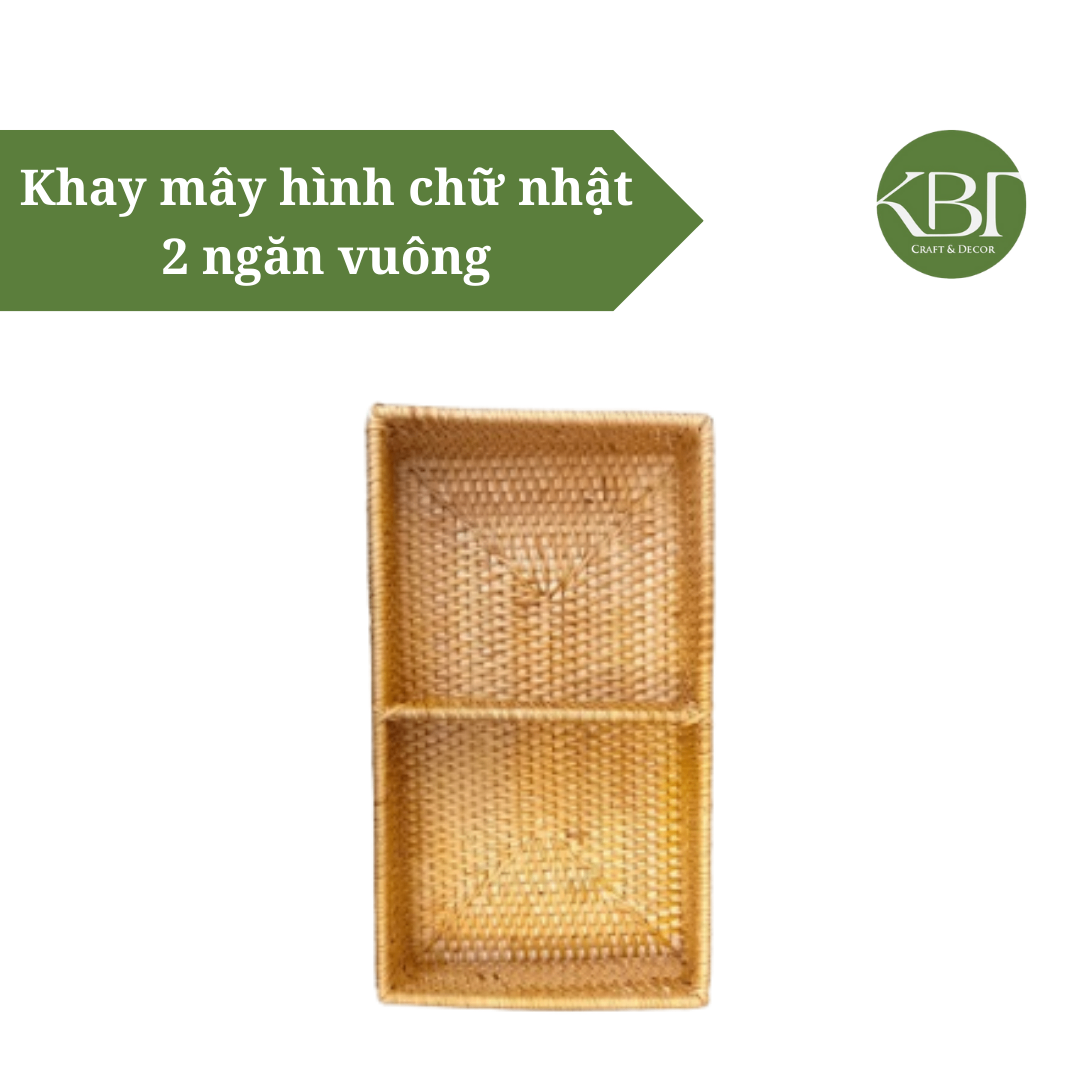 Khay mây chữ nhật 2 ngăn vuông