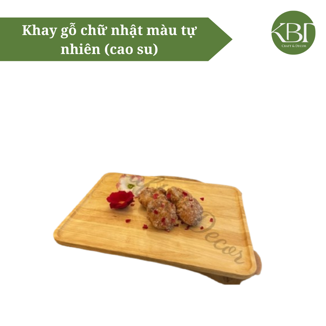 Khay gỗ chữ nhật màu tự nhiên ( cao su)