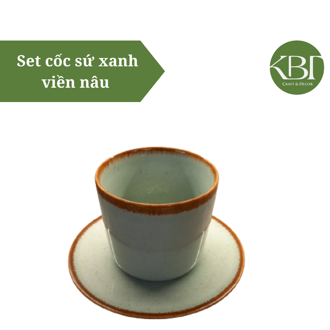 Set cốc sứ xanh viền nâu