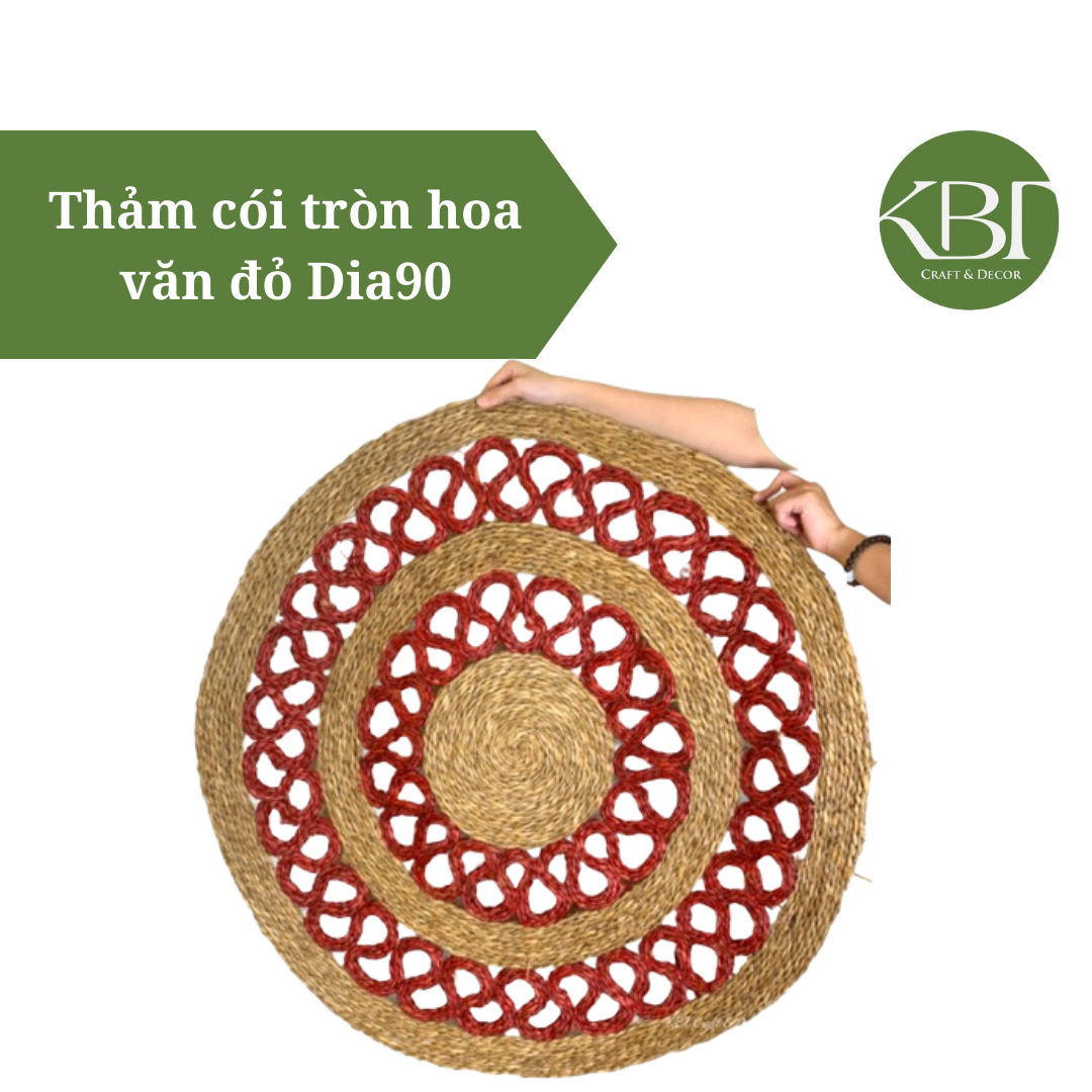 Thảm cói tròn hoa văn đỏ Dia90