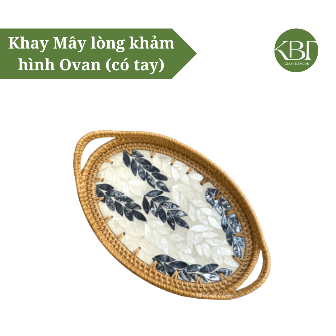 Khay Mây lòng khảm hình ovan (có tay)