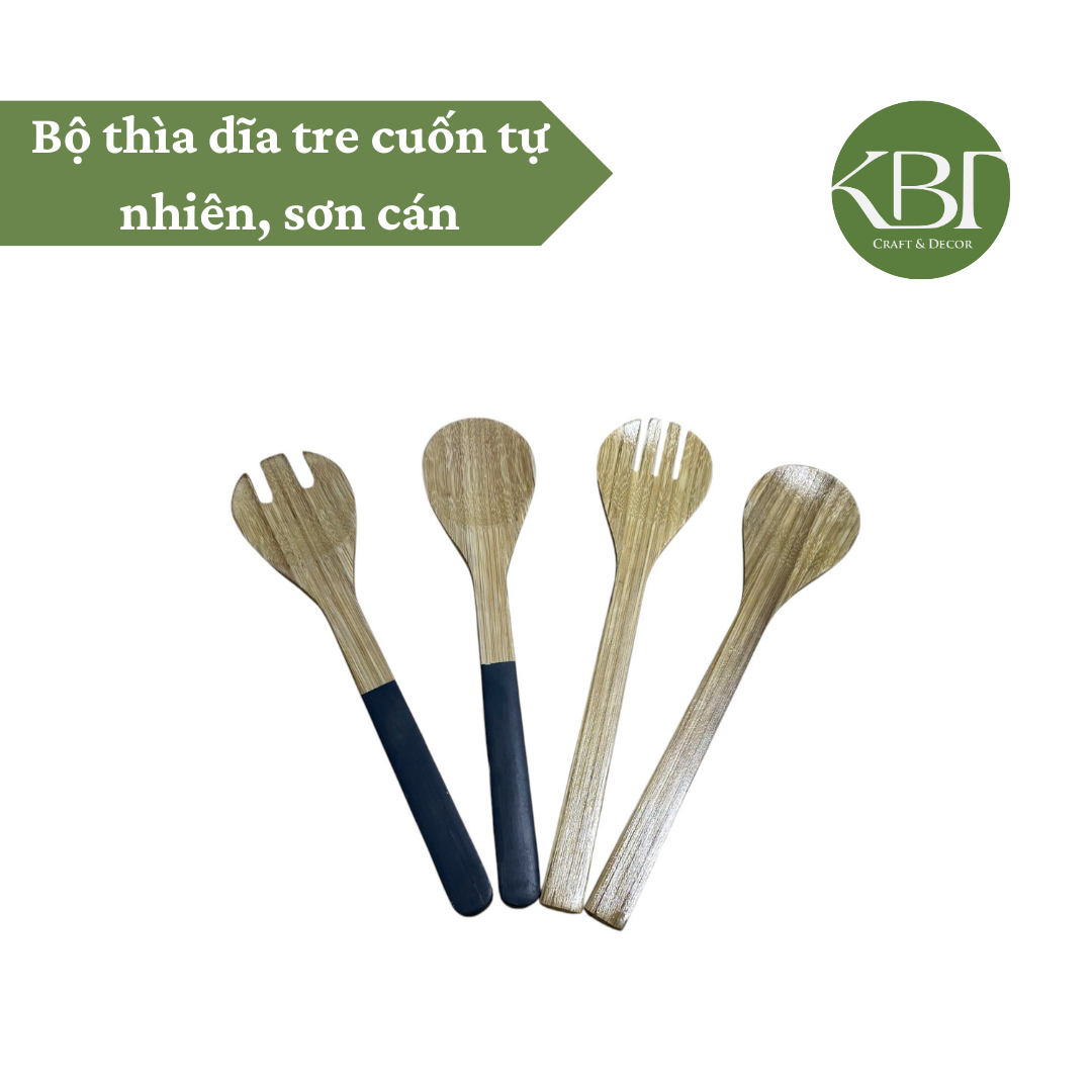 Bộ thìa dĩa tre cuốn tự nhiên, sơn cán