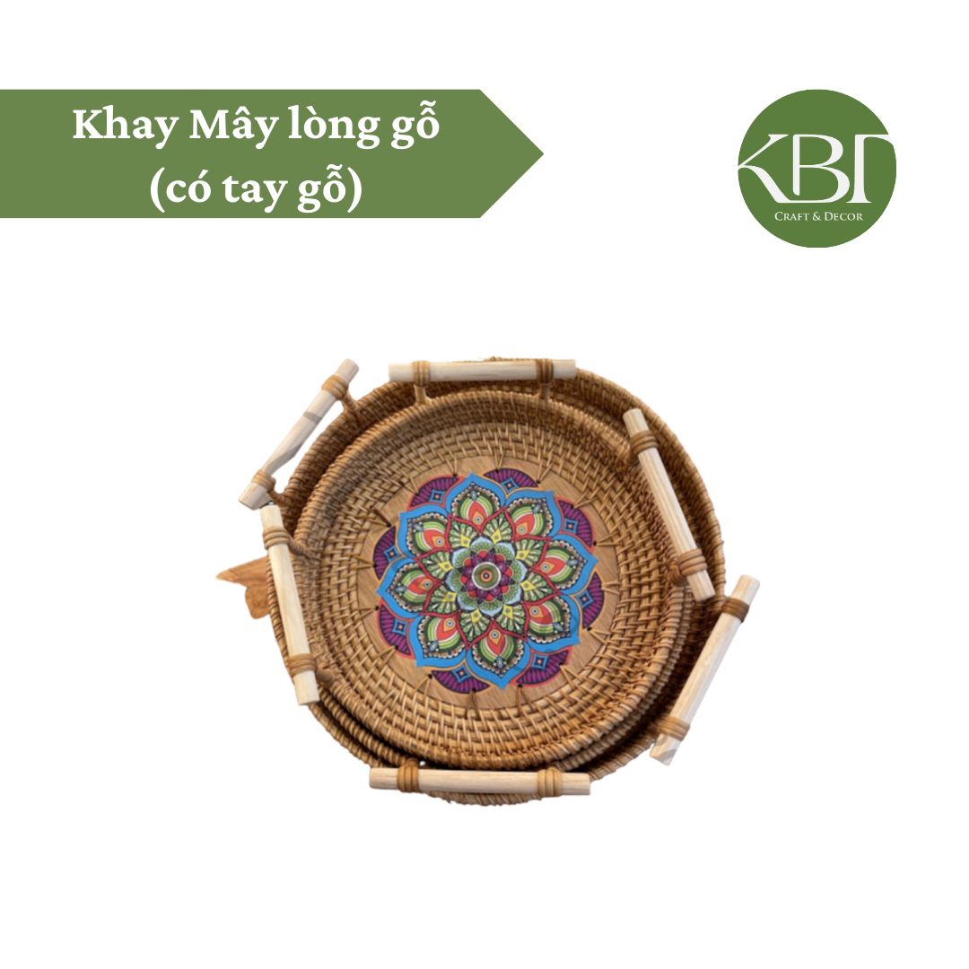 Khay Mây lòng gỗ (có tay gỗ)