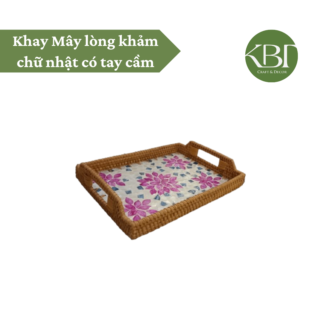 Khay Mây lòng khảm chữ nhật có tay cầm
