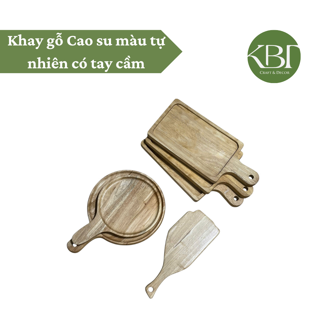 Khay gỗ Cao su màu tự nhiên có tay cầm