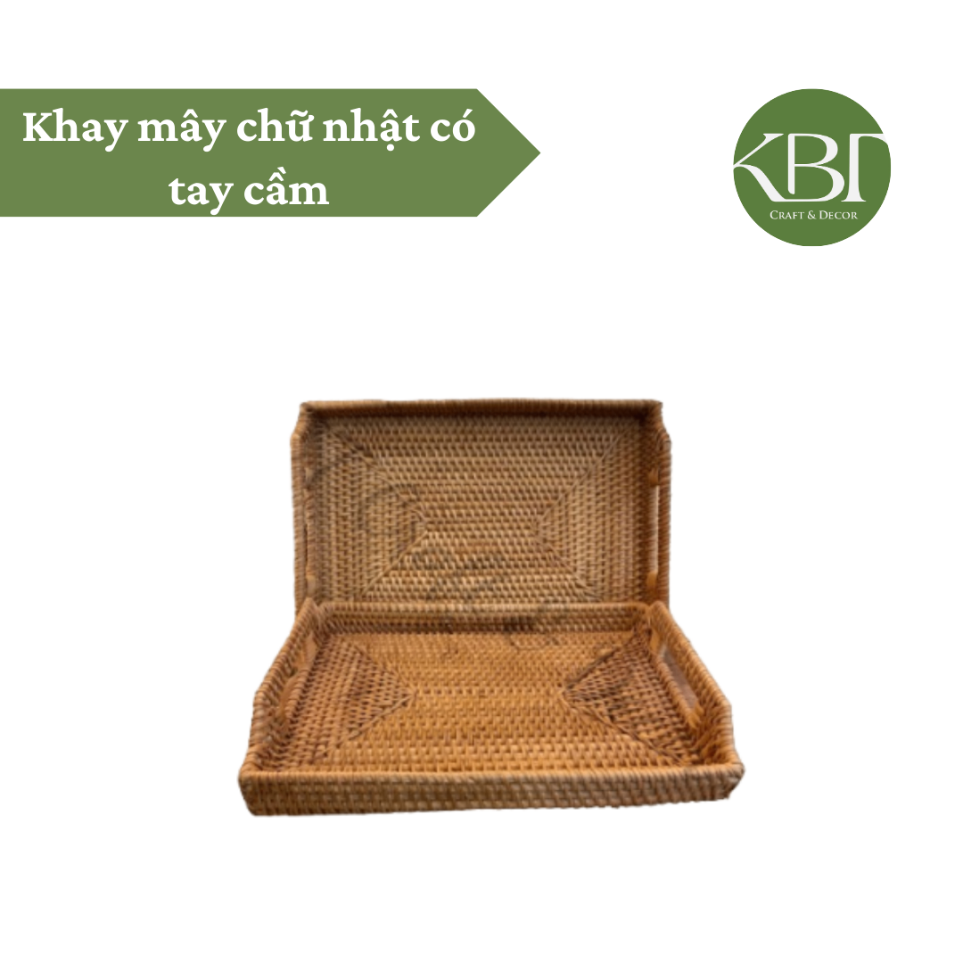 Khay mây chữ nhật có tay cầm
