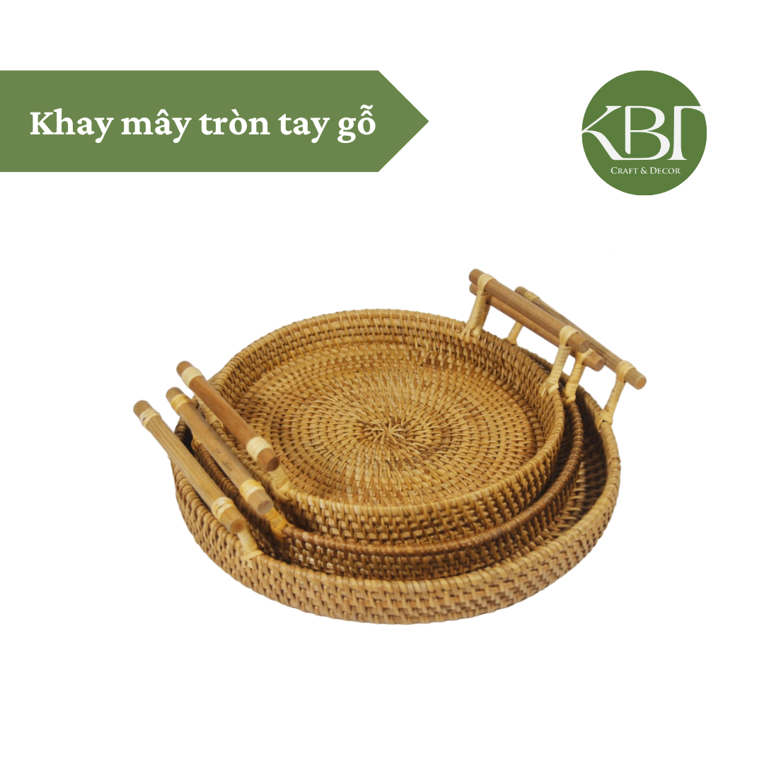 Khay mây tròn tay gỗ