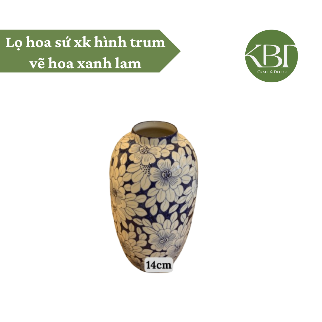 Lọ hoa sứ xk hình trum vẽ hoa xanh lam