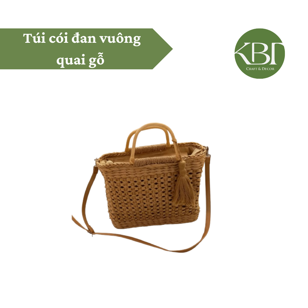 Túi cói đan vuông quai gỗ